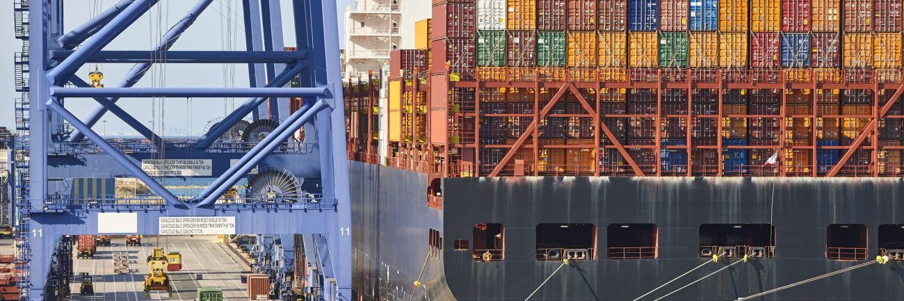 Containers on a vessel. Global market. Cargo shipping. Logistic