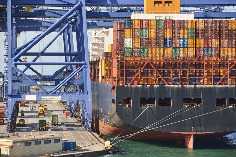 Containers on a vessel. Global market. Cargo shipping. Logistic