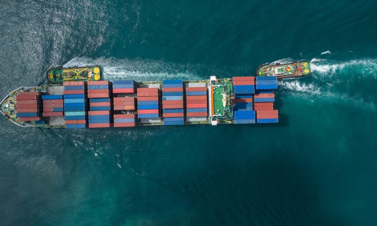 Aerial view container ship full load logistic container, Global