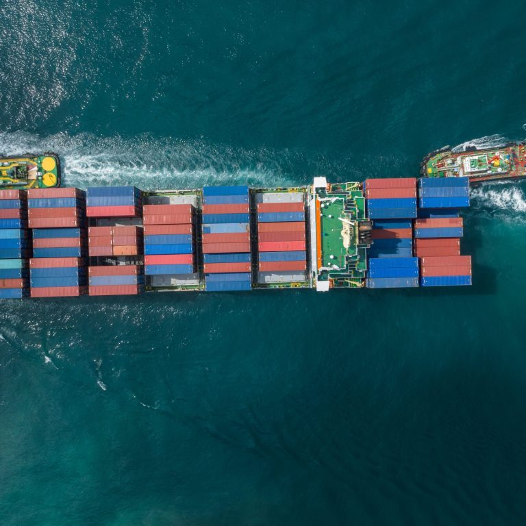 Aerial view container ship full load logistic container, Global