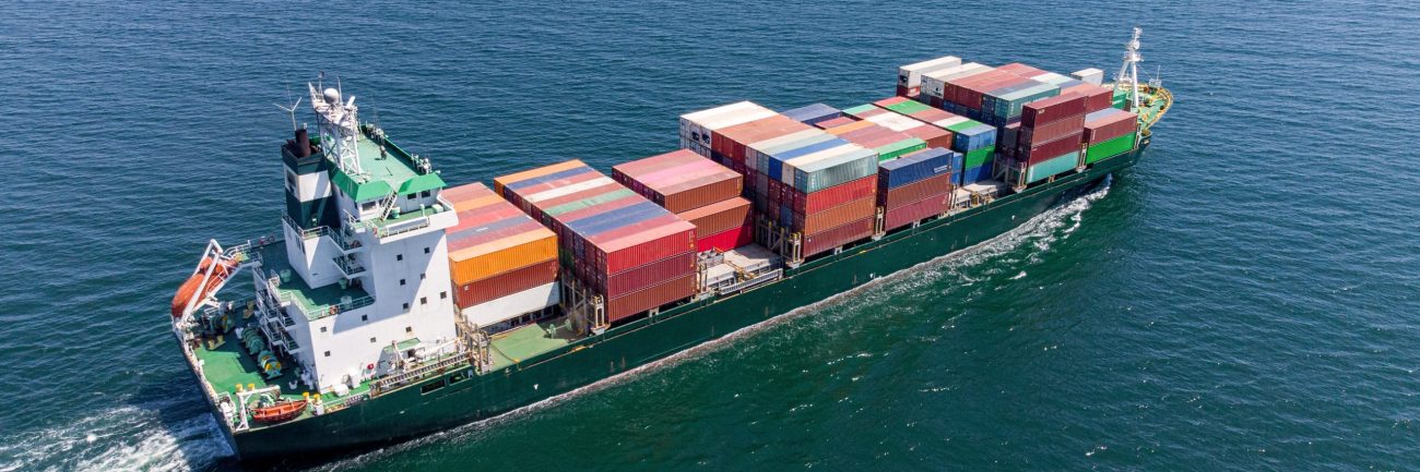 Aerial top view container ship, shipping or transportation concept background.