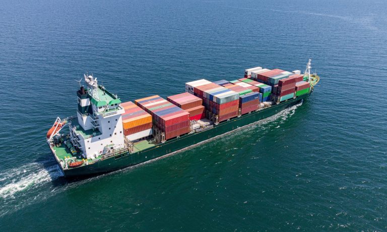 Aerial top view container ship, shipping or transportation concept background.