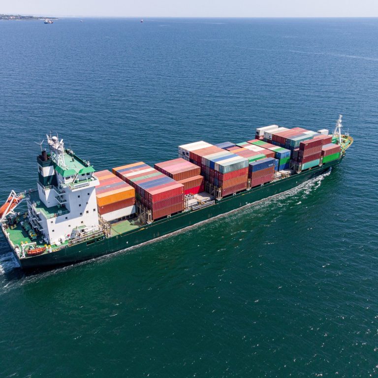 Aerial top view container ship, shipping or transportation concept background.