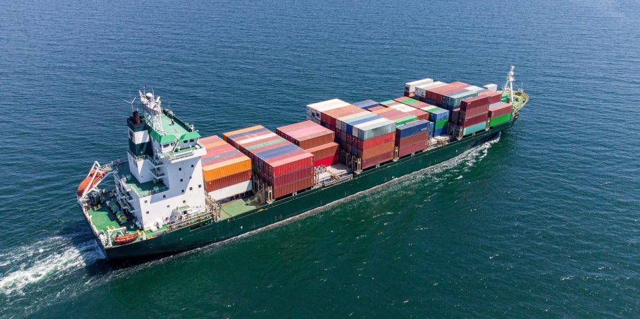 Aerial top view container ship, shipping or transportation concept background.