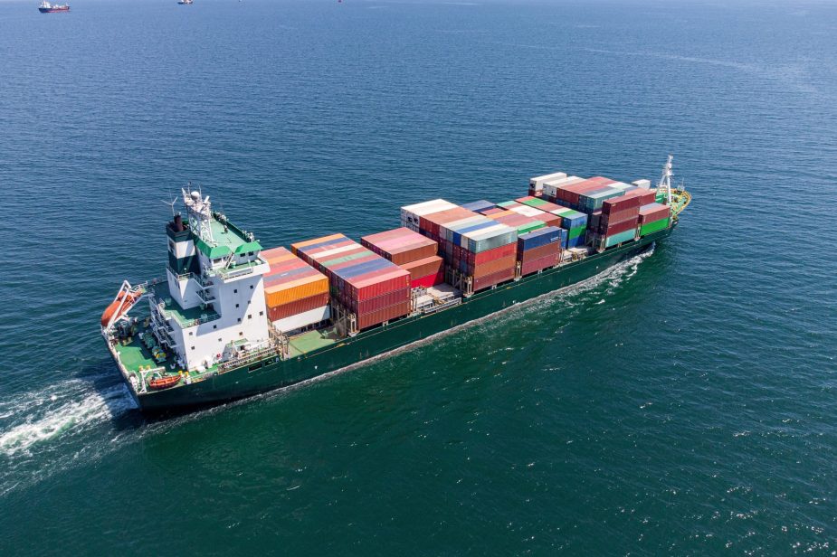 Aerial top view container ship, shipping or transportation concept background.