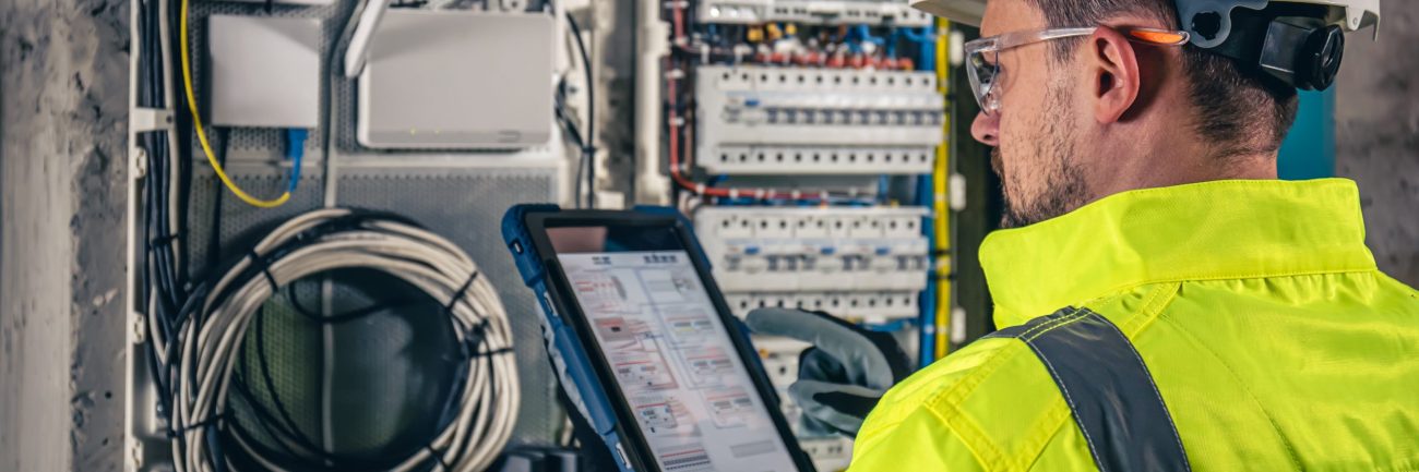 Man, an electrical technician working in a switchboard with fuses, uses a tablet.