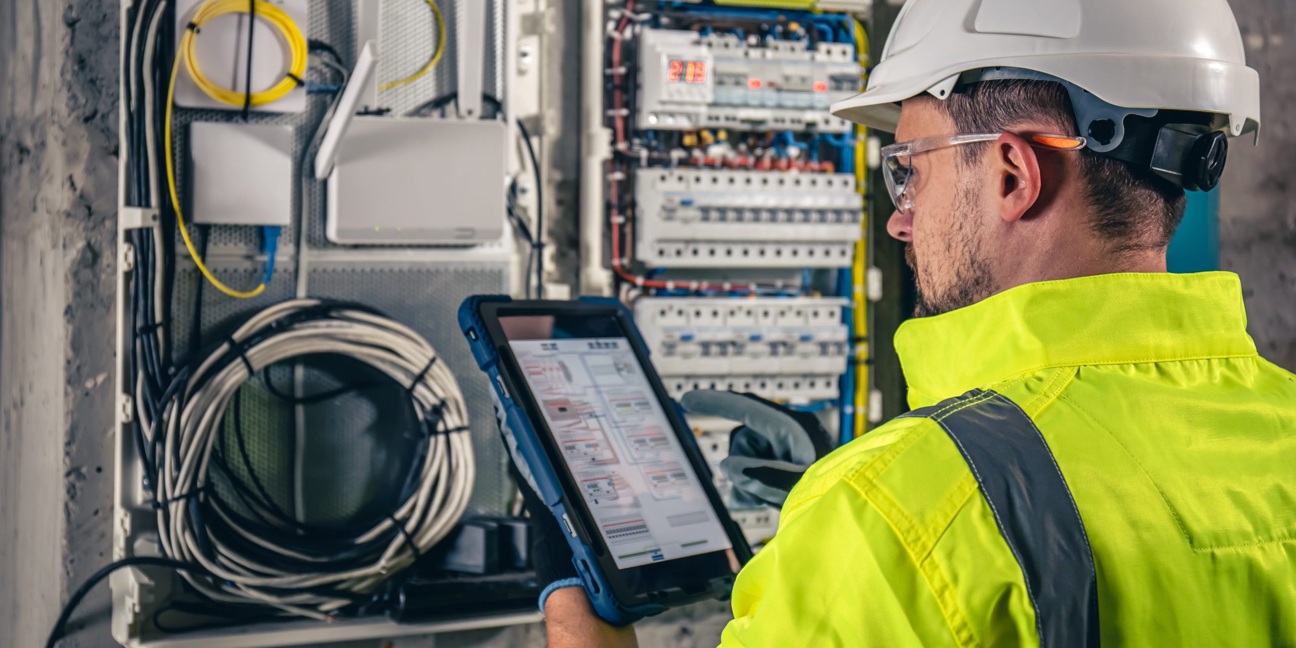Man, an electrical technician working in a switchboard with fuses, uses a tablet.