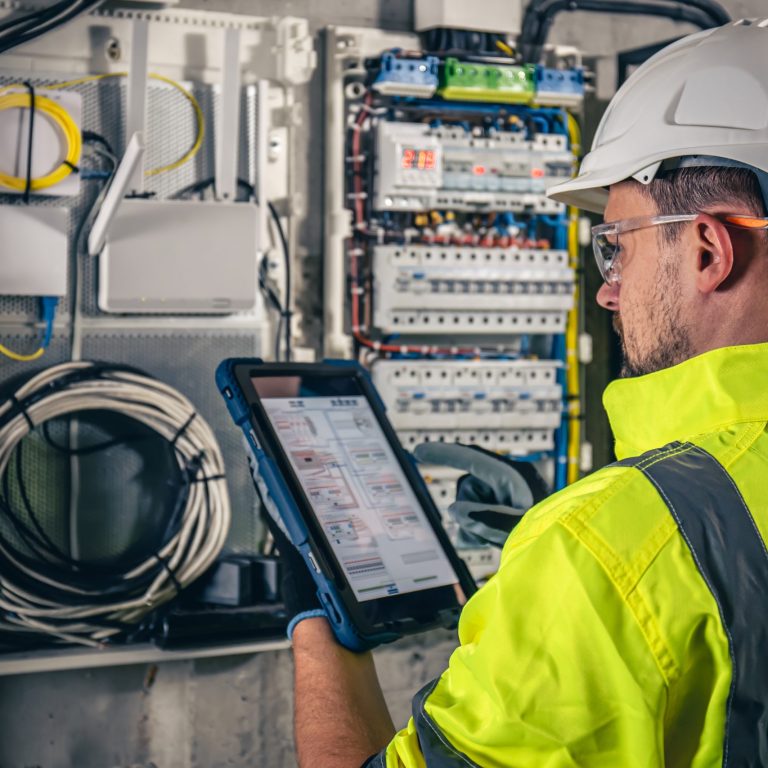 Man, an electrical technician working in a switchboard with fuses, uses a tablet.