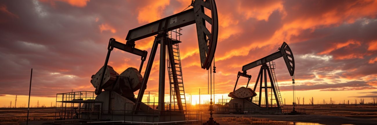 Oil pumps work rhythmically against the backdrop of dusky sky.
