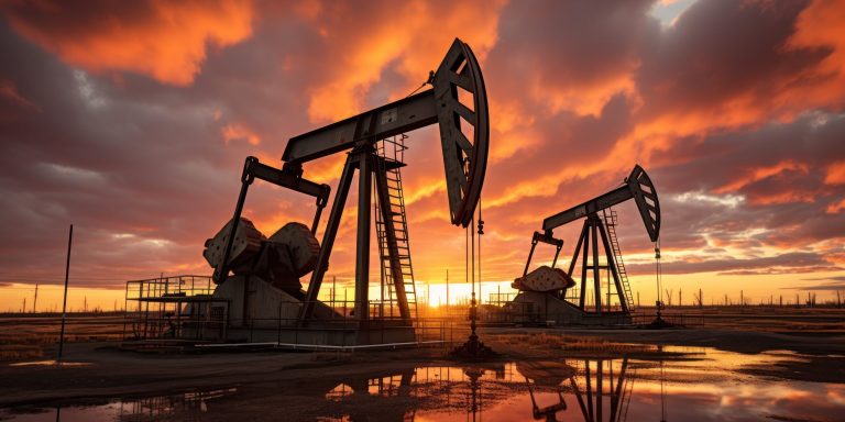 Oil pumps work rhythmically against the backdrop of  dusky sky.