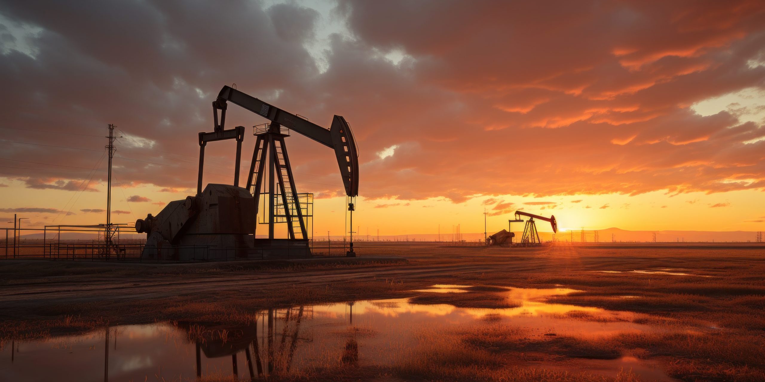 Oil pumps work rhythmically against the backdrop of  dusky sky.