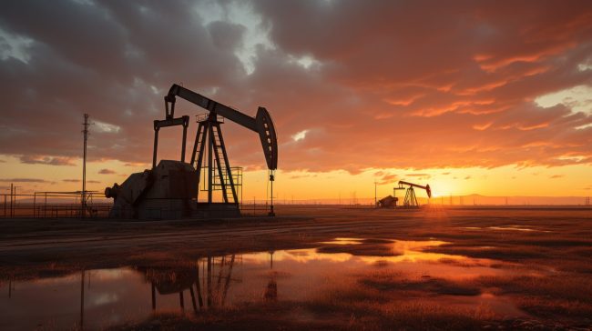 Oil pumps work rhythmically against the backdrop of  dusky sky.