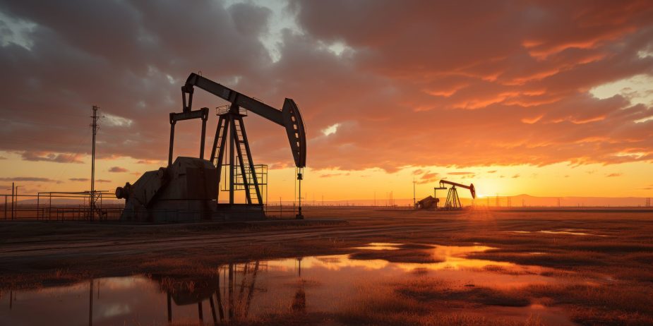 Oil pumps work rhythmically against the backdrop of dusky sky.