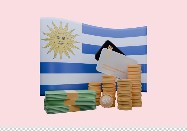3D render illustration of Uruguay flag and currency called Peso