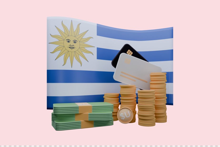 3D render illustration of Uruguay flag and currency called Peso
