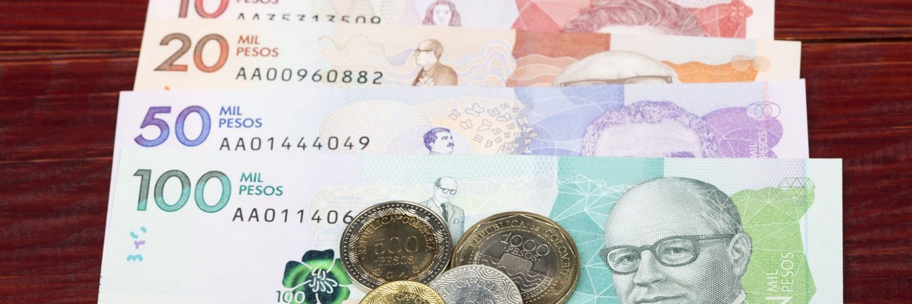 Colombian Pesos coins and banknotes