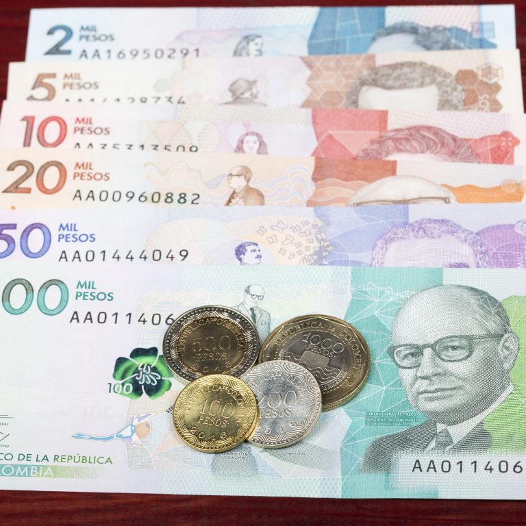 Colombian Pesos coins and banknotes