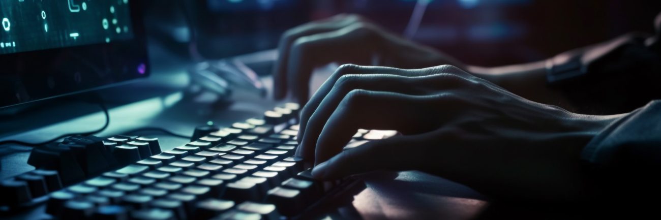 One person typing on computer keyboard at night generated by AI