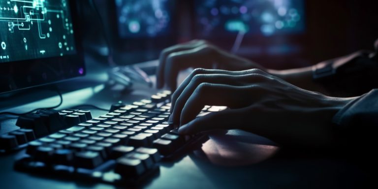 One person typing on computer keyboard at night generated by AI