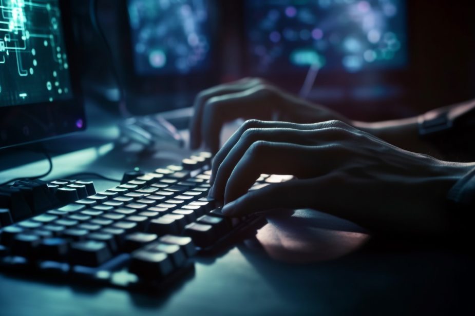 One person typing on computer keyboard at night generated by AI