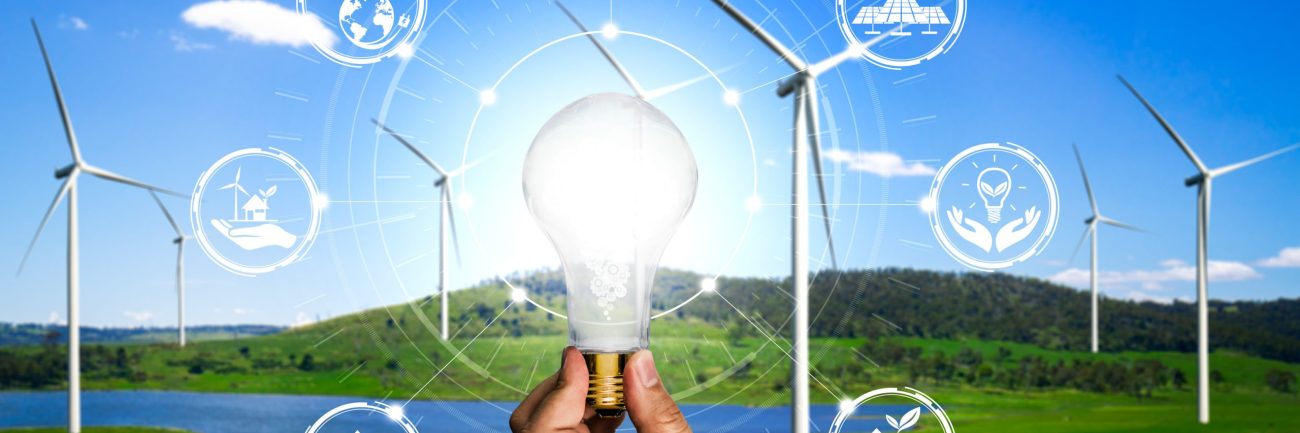 Energy innovation light bulb graphic interface.