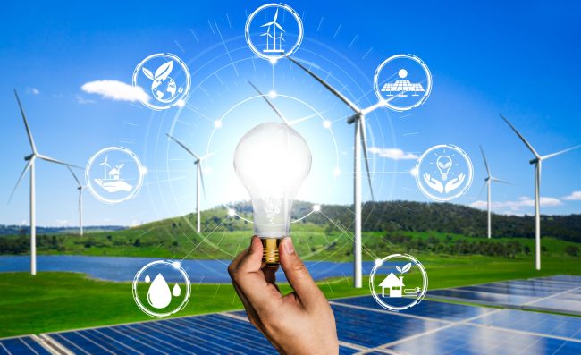 Energy innovation light bulb graphic interface.