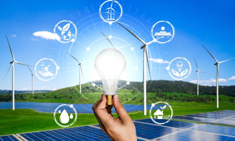 Energy innovation light bulb graphic interface.