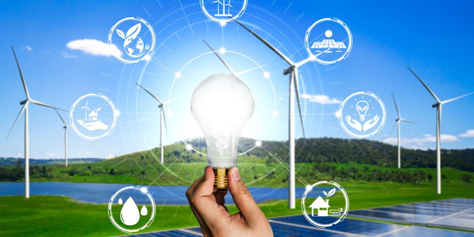 Energy innovation light bulb graphic interface.