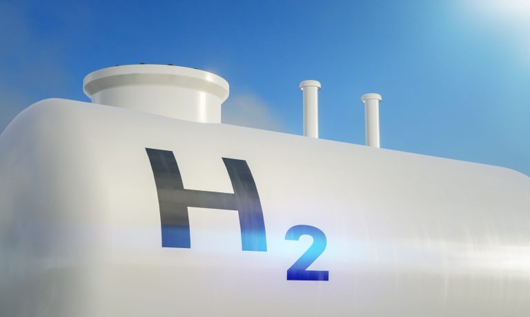 3D rendering of a modern hydrogen tank for renewable energy.