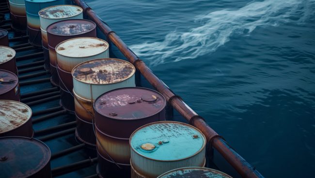 Barrels of oil on the high seas, created with Generative AI tech