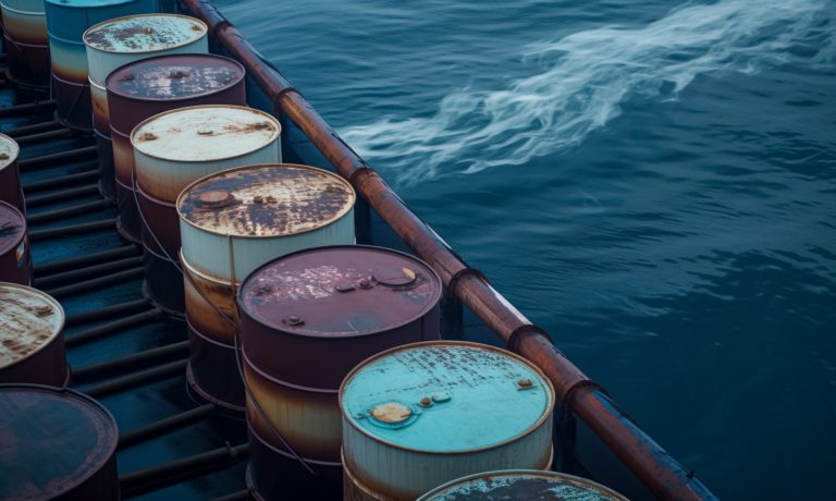 Barrels of oil on the high seas, created with Generative AI tech