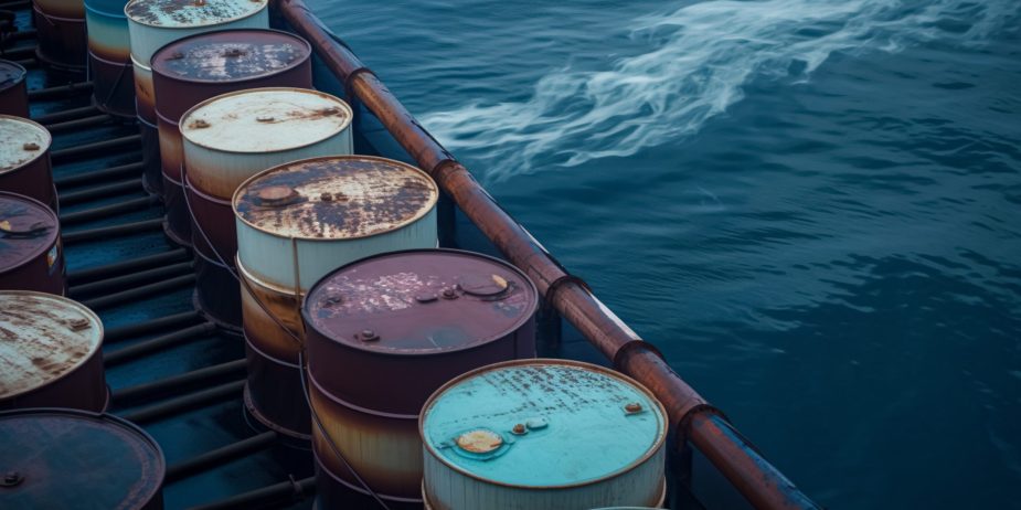 Barrels of oil on the high seas, created with Generative AI tech