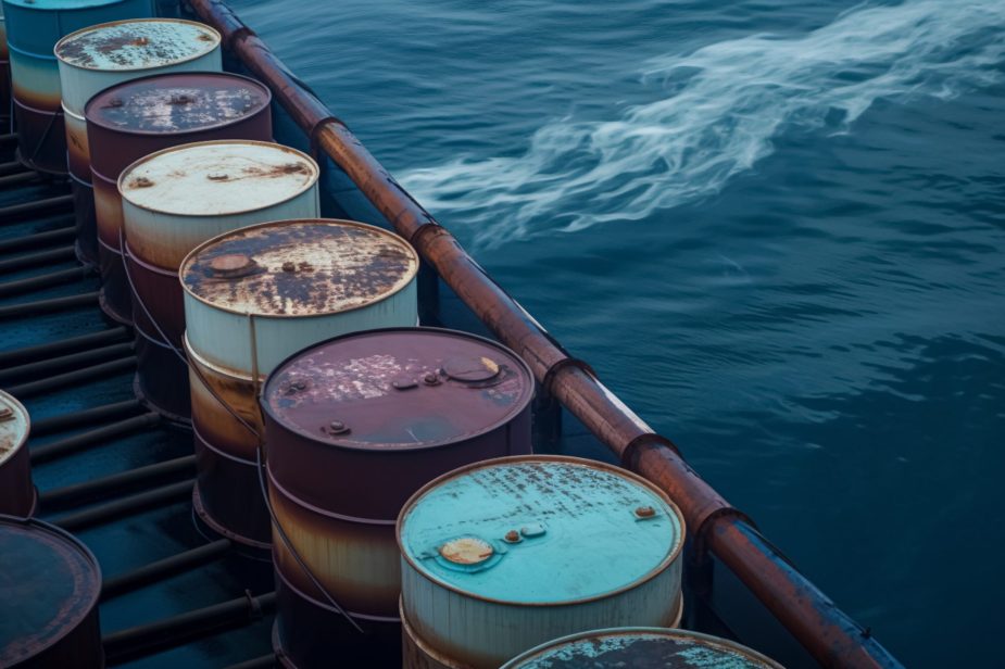 Barrels of oil on the high seas, created with Generative AI tech