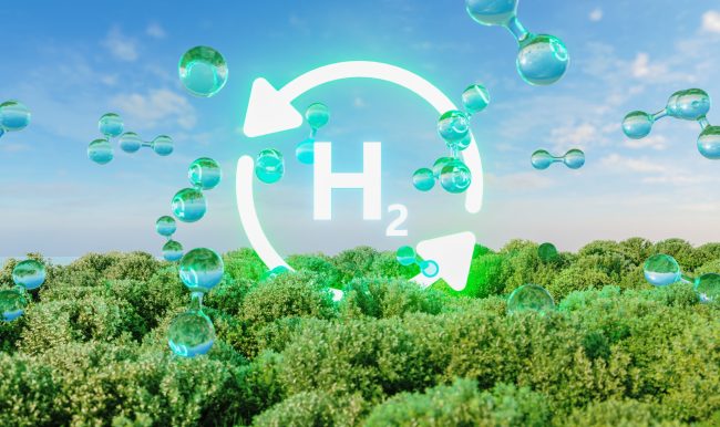 Hydrogen H2 icon symbol with molecules on green forest backgroun