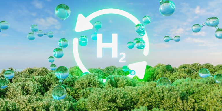 Hydrogen H2 icon symbol with molecules on green forest backgroun