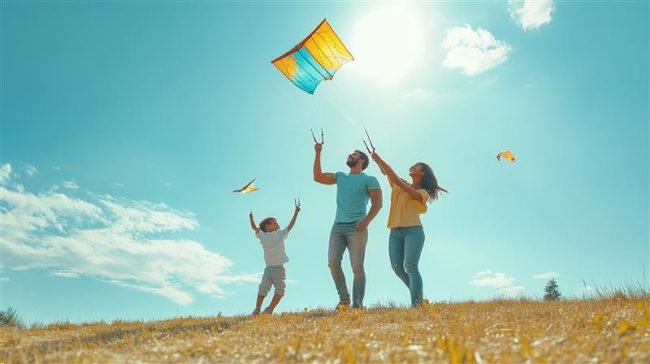 una-familia-vuela-una-cometa-con-el-sol-detras-de-ellos