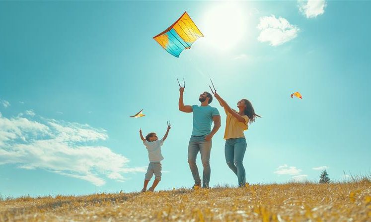 una-familia-vuela-una-cometa-con-el-sol-detras-de-ellos