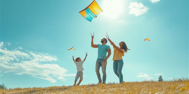 una-familia-vuela-una-cometa-con-el-sol-detras-de-ellos