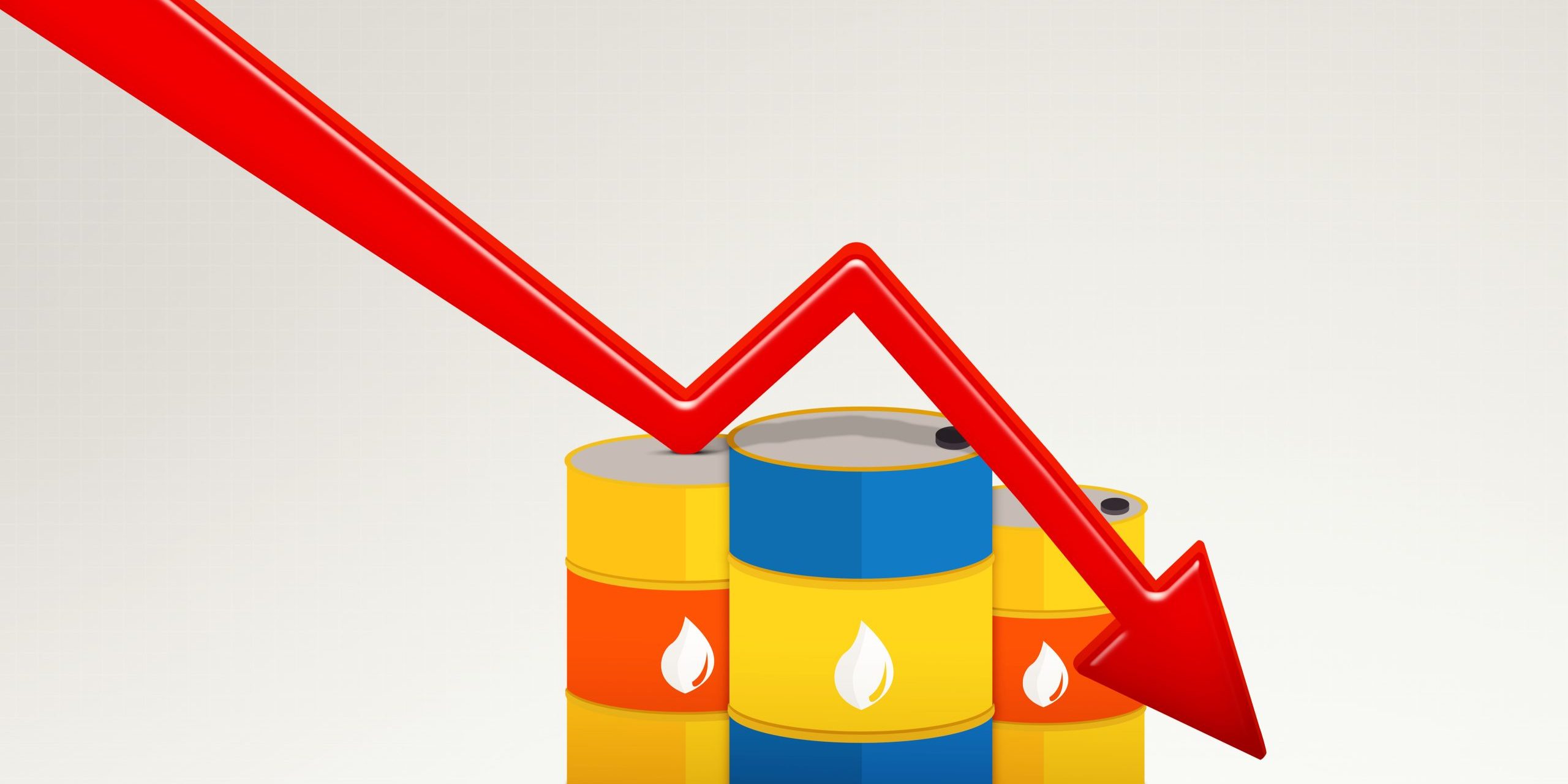 Declining red arrow with three oil drums on studio
