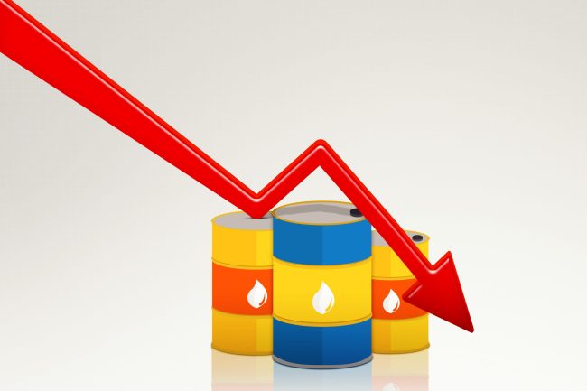 Declining red arrow with three oil drums on studio