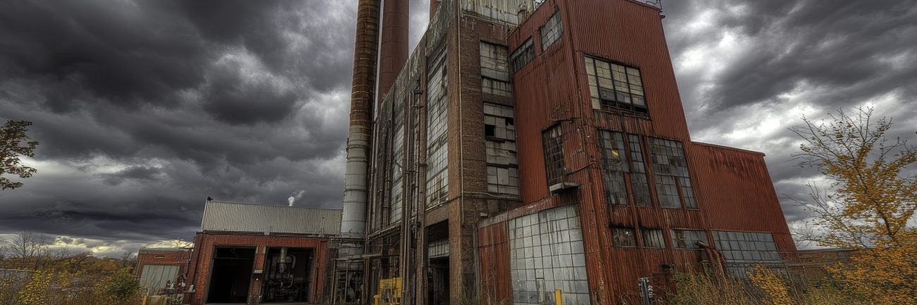 Abandoned Industrial Power Plant Surrounded by Dark Stormy Clouds and Autumn Foliage, Evoking a Sense of Mystery and Decay in Urban Exploration Photography