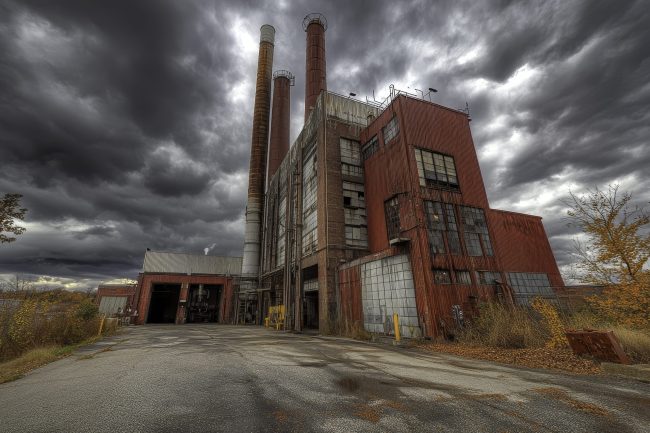 Abandoned Industrial Power Plant Surrounded by Dark Stormy Clouds and Autumn Foliage, Evoking a Sense of Mystery and Decay in Urban Exploration Photography