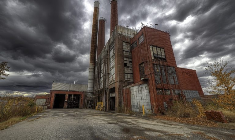 Abandoned Industrial Power Plant Surrounded by Dark Stormy Clouds and Autumn Foliage, Evoking a Sense of Mystery and Decay in Urban Exploration Photography