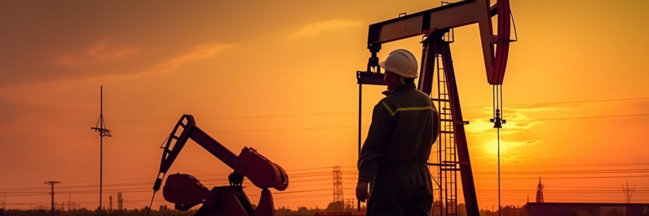Worker and oil rig in sunset, created with Generative AI technol