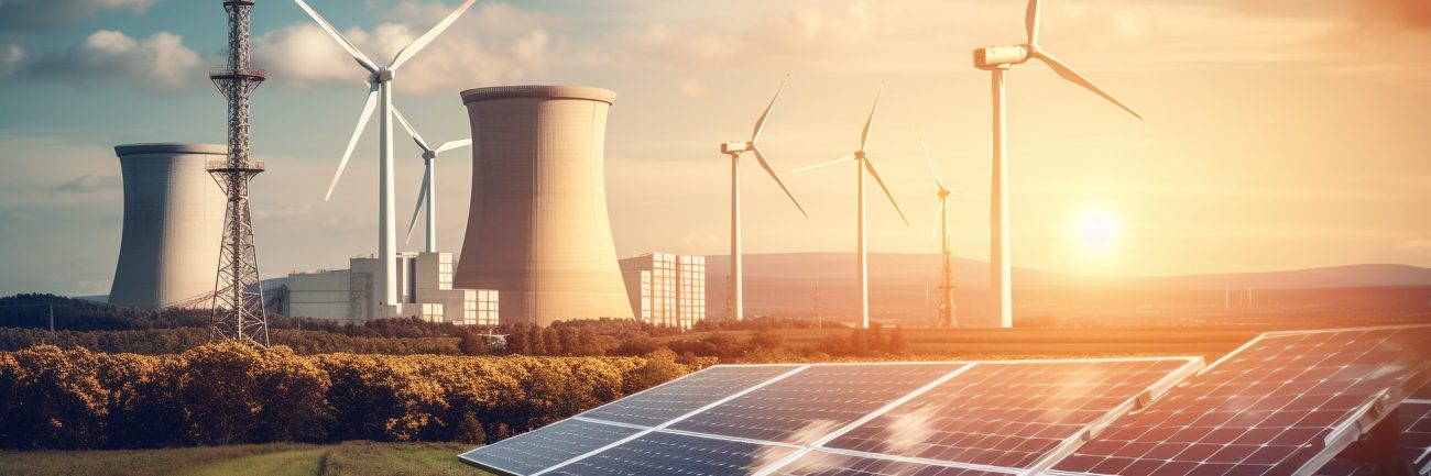 Sunset sky powers wind and solar energy generated by AI