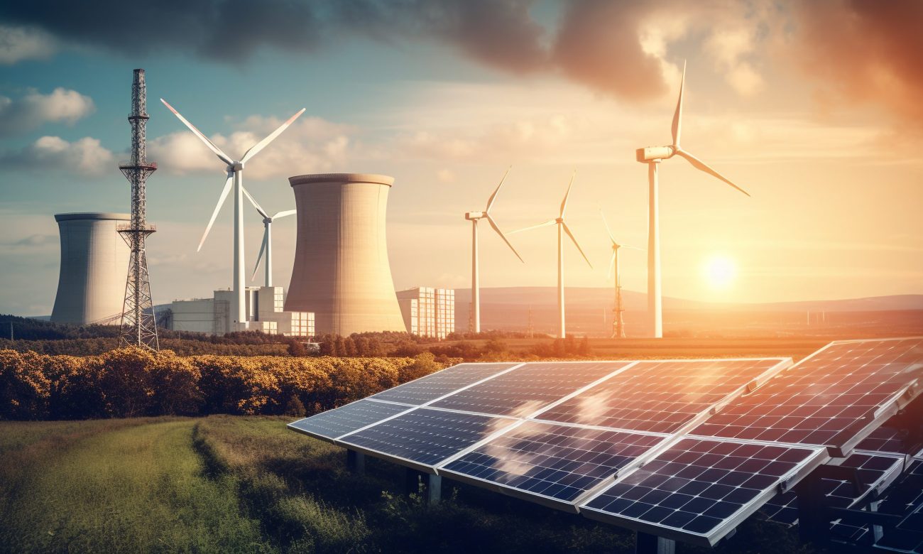 Sunset sky powers wind and solar energy generated by AI