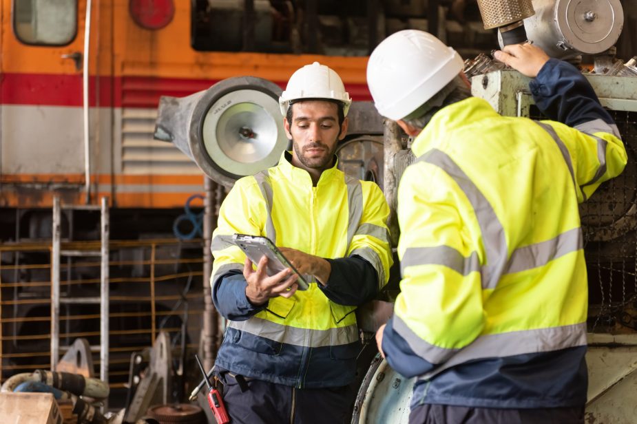 Worker at machine in factory, Metal industry worker at factory.