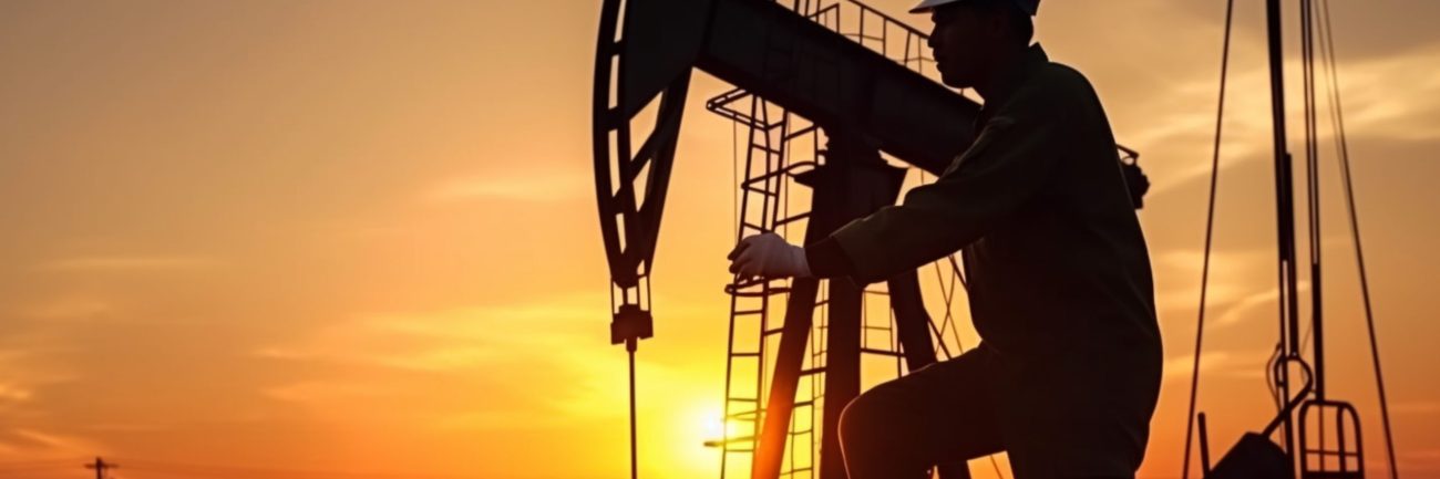 Worker and oil rig in sunset, created with Generative AI technol