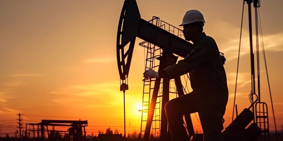 Worker and oil rig in sunset, created with Generative AI technol