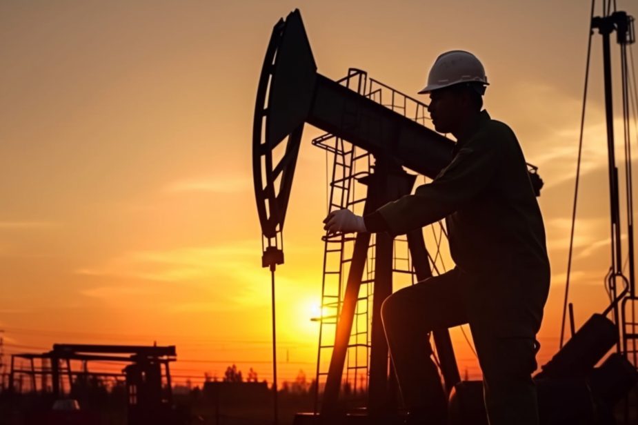 Worker and oil rig in sunset, created with Generative AI technol